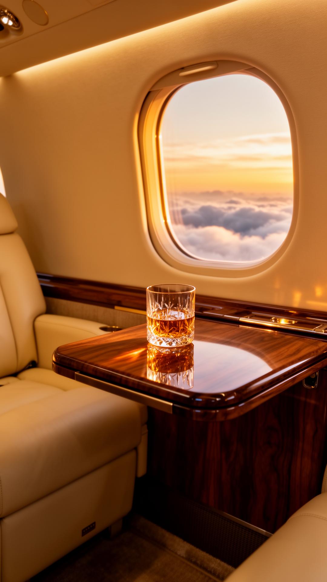 A crystal whisky glass on a walnut table aboard a private jet at golden hour